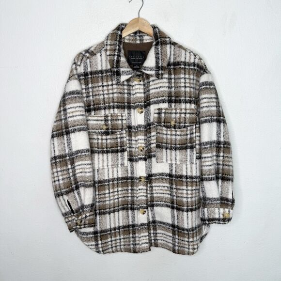 Sanctuary Midi‎ Shacket Truffle Plaid Brown Cream Longline Women’s Medium - Picture 1 of 9